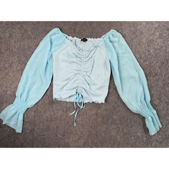 Shinestar Tops - Shinestar Light Blue Smocked Ruched Sheer Balloon Sleeve Crop Top Mens Medium